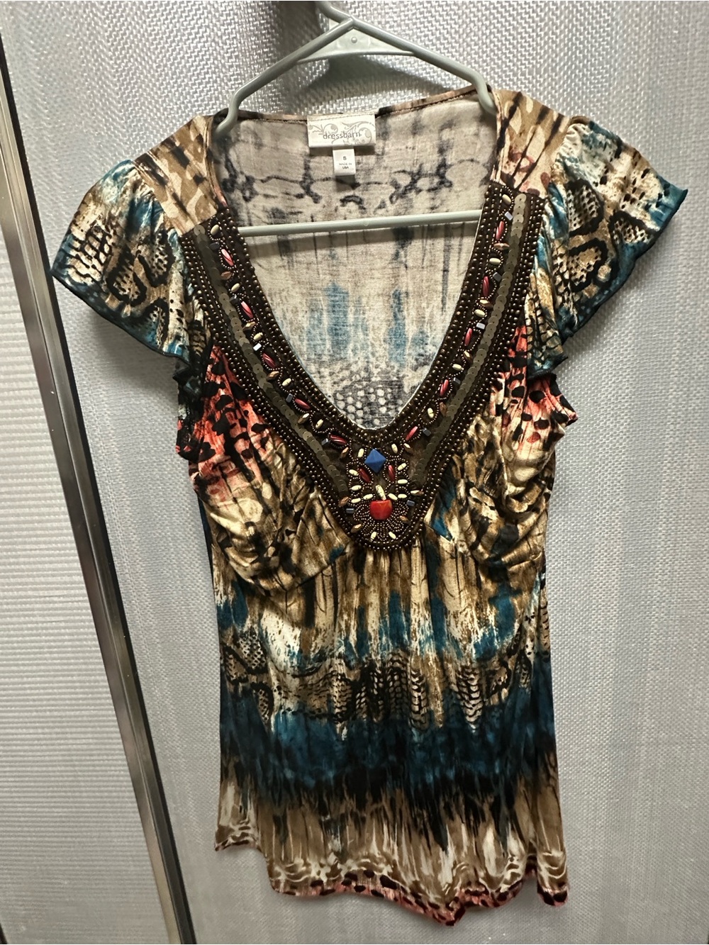 dressbarn Beaded V-Neck Tunic in Teal, Brown and Coral